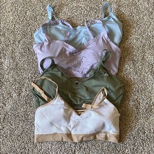 4 Removable Pads Sports Bras Set - Blue, Purple, Green, and Tan. XL.